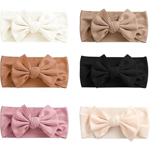 RJUP Baby Headbands - 6 Pack Soft Stretchy Hairbands with Bows for Baby Girls, Newborn to Toddler, Comfortable & Adjustable Baby Girl Bows, Perfect for Infants, Toddlers, and Newborns