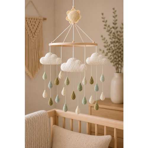 Handmade Crochet Baby Mobile, Cloud and Raindrop Nursery Mobile, Neutral Crib Decor, Cotton Baby Gift, Boho Nursery Hanging Toy