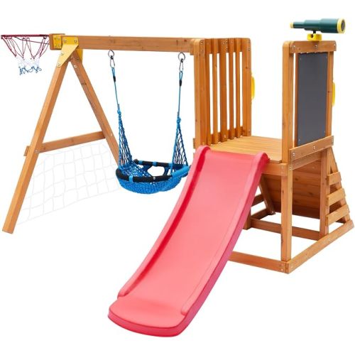 Wooden 6 in 1 Playground Set for Toddler, BAges 18 Mon to 3 yrs | Baby Swing, Toddler Slide, Rock Climber, Basketball Hoop, Drawing Board, Telescope