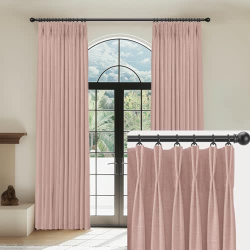 CAPALOCA Linen Pinch Pleated Curtains Blackout 100% Black Out Curtains 102 Inches Long 2 Panels with Hooks, Thermal Insulated Pinch Pleat Drapes for Bedroom, 40Wx102L, Blush Pink