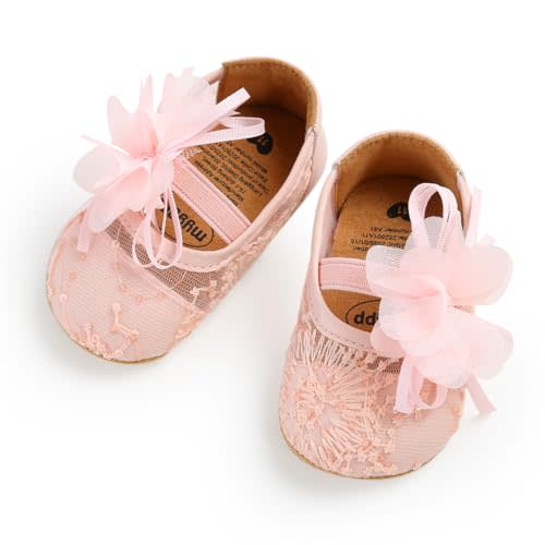 Myleleya Baby Girls Mary Jane Flats with Bowknot Flowers Princess Wedding Dress Ballet Shoes Non-Slip Toddler First Walkers Newborn Crib Shoes