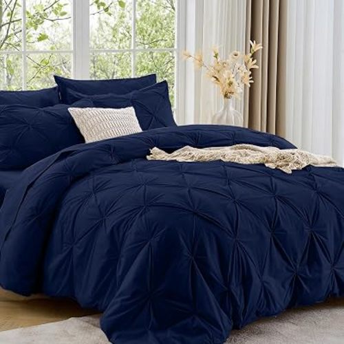 Sasttie Full Size Comforter Set, 7-Piece Bed in a Bag, Pintuck Bedding Sets for All Season, Includes Comforter, Flat Sheet, Fitted Sheet, Pillowcases and Pillowshams, Navy