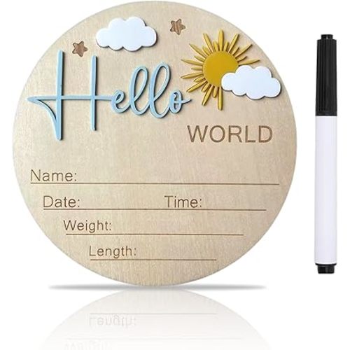 Baby Announcement Sign, ​5.9 Inch Wooden Hello World Newborn Signs, Birth Announcement Sign, Sky, Sun and Clouds Decoration, Welcome Newborn Arrival To World, Hospital Nursery for Baby