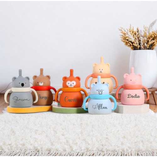 Silicone Baby Cup with Name 7oz, Gift for Baby, Toddler Silicone Cup 200 ml, 1st birthday, Custom Non-Spill Baby Training Cup with Straw