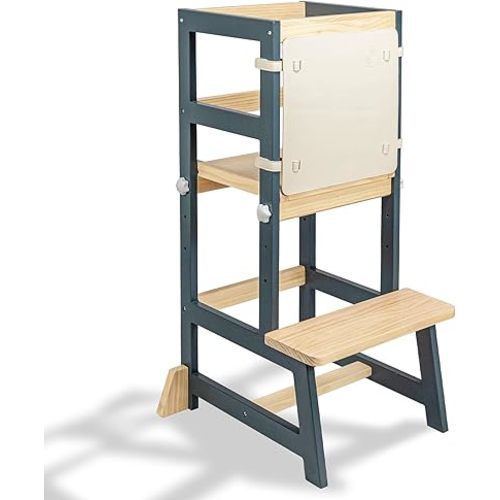 Kitchen Step Stool for Toddlers with Non-Slip Mat, WOOD CITY Wooden Kids Montessori Learning Stool Tower, Toddler Standing Tower Helper for Kitchen Counter and Bathroom Sink (Deep-Blue-Adjustable)