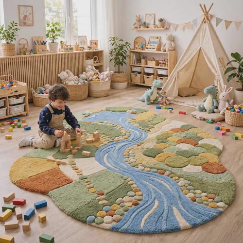 Woodland Nursery Rug, River Design Kids Playroom Carpet, Forest Theme Room Decor, Hand Tufted Wool Sage Green Round Mat, Boho Baby Gift