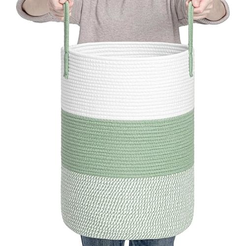 CLHMILY&Z 40L Laundry Basket Round Storage Rope Basket - 13x18 Inches - Green Hamper in Bedreoom and Cute Storage Bin for Blankets, Toys, and Nursery Essentials