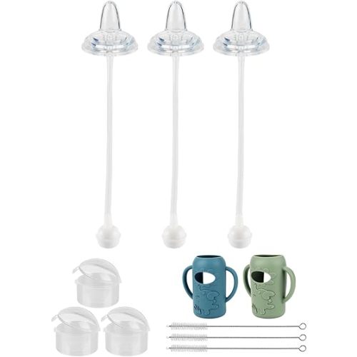 Sippy Straw Cup Conversion Kit with Silicone Sleeves for Dr. Brown's Narrow Glass Baby Bottle 4oz,Anti Breakage Baby Bottles Replacement Kit with Handle and Soft Sippy Spout,6m+,Set of 3