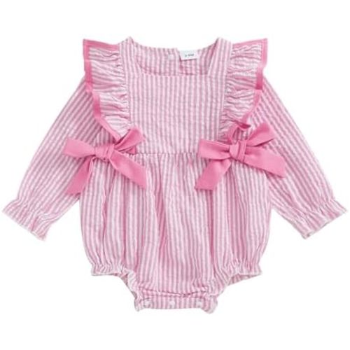 Newborn Baby Girl Fall Outfit Striped Ruffle Long Sleeve Romper Bodysuit Smocked Bubble Clothes