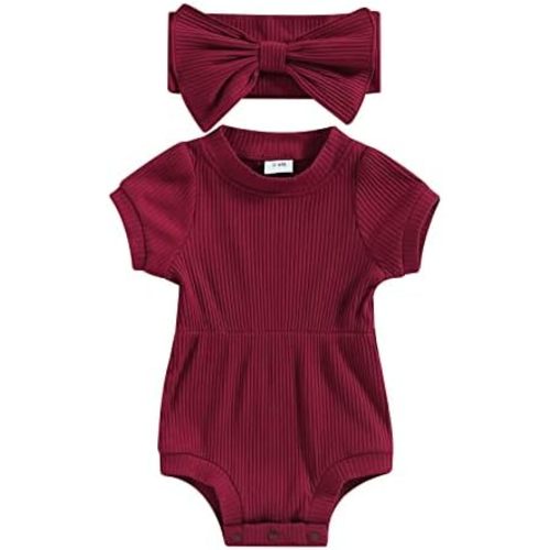 Newborn Baby Girls Romper Jumpsuit Infant Girl Summer Bodysuits Ribbed Short Sleeve One-Piece Headband