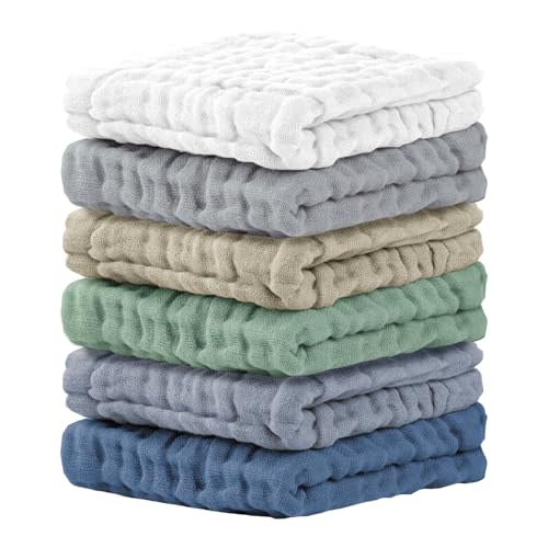 Cuddle Campus Baby Washcloths 6 Packs, Muslin Washcloths Baby,Cotton Burp Cloths, Extra Absorbent and Soft Wash Clothes for Newborns, 12x12 Inches