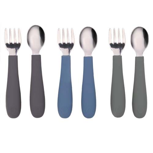 WeeSprout | Stainless Steel & Silicone Toddler Utensils with Silicone Lid | Set of 6 | 3 Forks + 3 Spoons