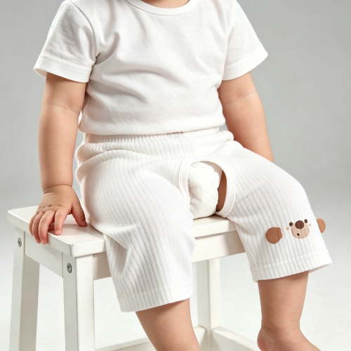Cotton Kids Boys Elastic Waist Bear Print Shorts with Snap Crotch, White,Size 2-3 T