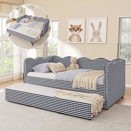 Twin Size Daybed with Pop Up Trundle, Linen Gingham Twin to King Daybed with USB Ports, Upholstered Day Bed Frame, Modern Sofa Bed for Bedroom/Living Room/Guest Room, No Box Spring Needed, Navy