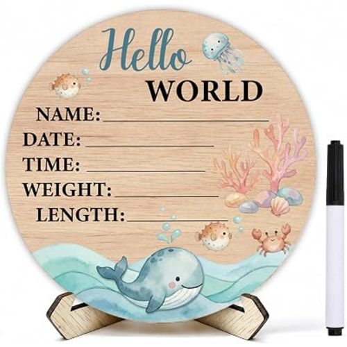 Baby Announcement Sign with Pen Ocean Baby Hello World Newborn Sign