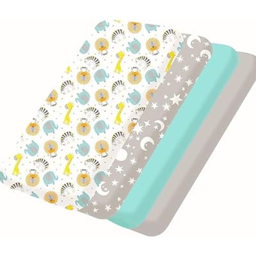 bimocosy Baby Crib Sheet, Pack and Play Sheets, for Baby Boy Girl 4 Pack, Size 38"x 26" for Playard Mattress, Mini Crib Sheet, Ultra Soft Microfiber Pack N Play Sheets Fitted,Stars/Animals/Grey/Green