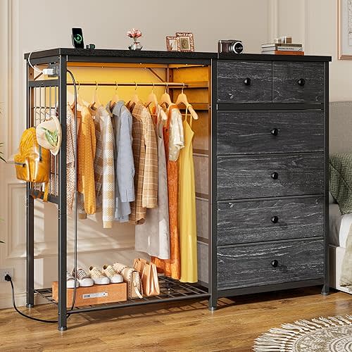 EnHomee 49.2" W Dresser for Bedroom with Hanging Rack 6 Drawers Dresser with LED Lights & Charging Station, Fabric Dressers & Chest of Drawers with Rack, Wooden Top, Grid Panel, Black