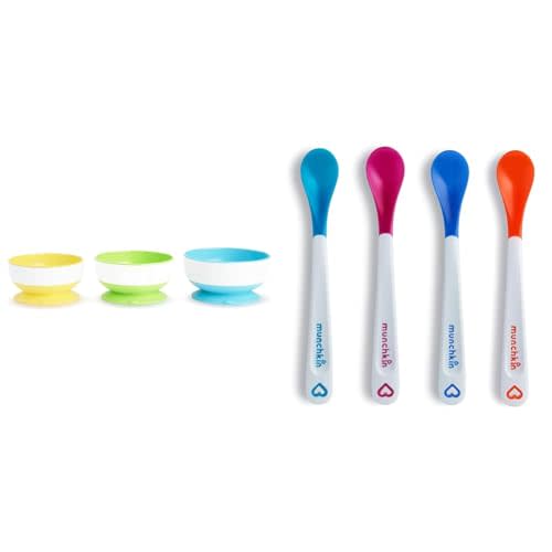 Munchkin® Stay PutTM Suction Bowls and White Hot® Safety Spoons Baby Feeding Bundle, 3 Bowls and 4 Spoons