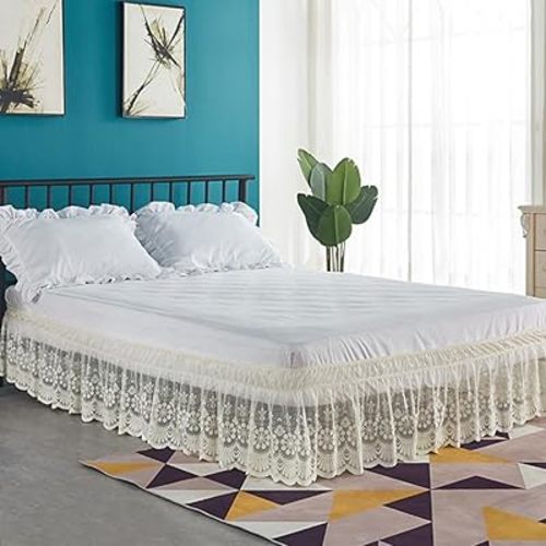 Ivory Lace Bed Skirt for Twin Bed - 15in. Drop, Easy Fit Ruffle Bedskirt Wrap Around Bed Skirt, Anti Wrinkle & Fade Resistant
