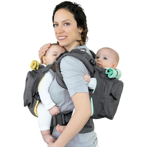 TwinGo Carrier Original – Tandem Twin Baby Carrier – Ergonomic for Infants & Toddlers – Babywearing for Dads & Moms – Adjustable Design with XL Storage Pockets – Cool Grey