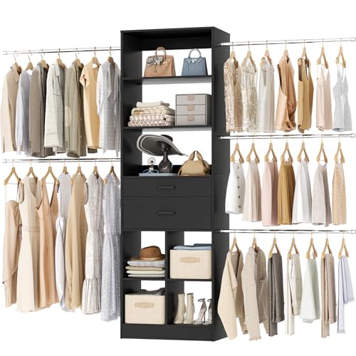 Besiost Closet System, 4-8 FT Closet Organizer Tower with 2 Wooden Drawers and Shelves, Can Fit 60 to 96 inch Walk-in Closet System with 5 Hang Rods, Built-in, Black
