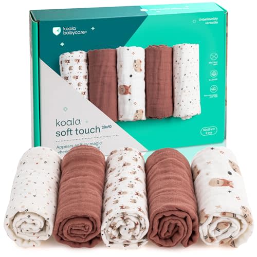 Koala Babycare 5 Pack 20"x10" Muslin Burp Cloths for Baby Boys and Girls - GOTS & Oeko-TEX Cotton Burp Rags for Newborns - Absorbent Neutral Burping Cloths for Feeding - Washable Baby Bibs Essentials