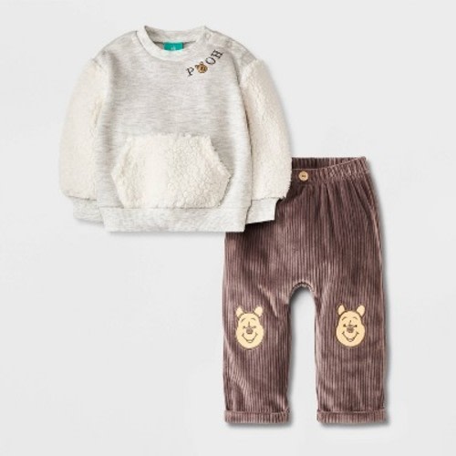 Baby Boys' Disney Winnie The Pooh 2pc Fleece Top and Corduroy Bottom Set - Brown/Gray 6-9M