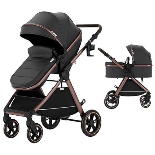 Accombe Baby Stroller, 2 in 1 Newborn Stroller Convertible Bassinet for Infant Toddler Pram with Footmuff (Copper)