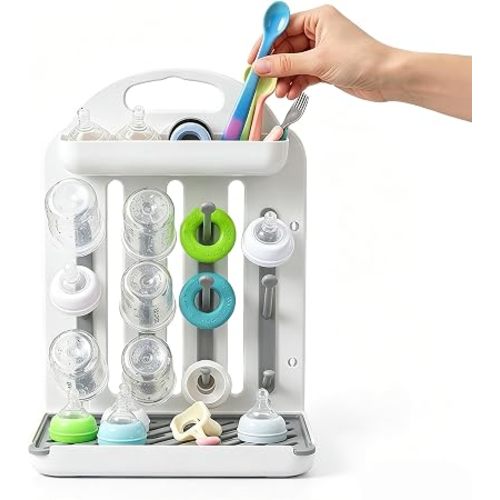 Baby Bottle Drying Rack, Modular Vertical Bottle Drying Rack for Baby Bottles, Pump Parts and Pacifiers, Space Saving Countertop Baby Bottle Organizer with 12 Hooks, Stable Base and Drip Tray