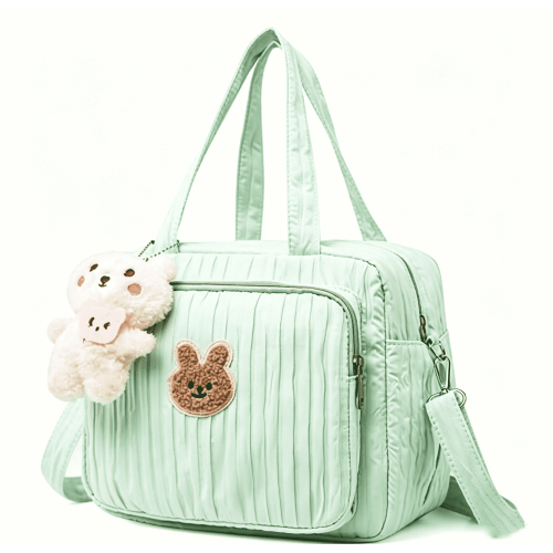 Cute Quilted Baby Diaper Tote Bag, Multifunctional Waterproof Handbag with Stroller Straps for Travel Mommy Daily Use(Green)