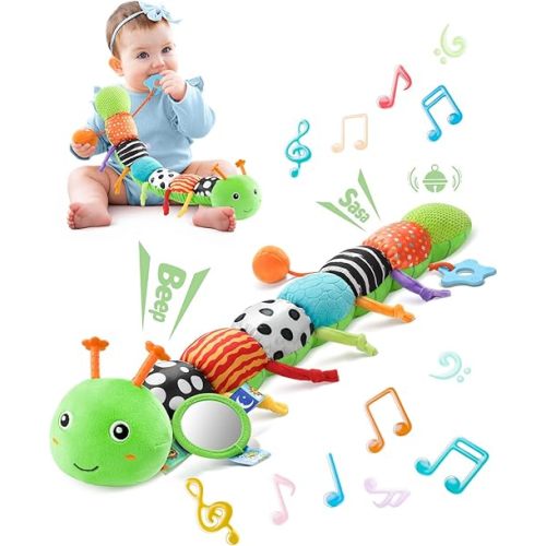 LIGHTDESIRE Baby Toys Musical Caterpillar,Infant Toys 3 6 12 Months Sensory Toy with Ruler Design,Mirror,Pull String,Crinkle&Ring Bell,Baby Teething Toy for Tummy Time Boy Girl Gifts (Lime Green)