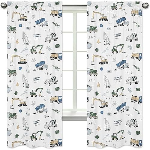 Sweet Jojo Designs Construction Truck Window Treatment Panels Curtains - Set of 2 - Grey Yellow Black Blue and Green Transportation