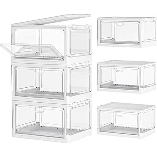 Clear Storage Bin with Lid 3 Pack 【Stackable & Sturdy】 Plastic Multifunctional Folding Storage Bins for Bedroom, Living Room, Study,Room, 23 QT Folding Box with Magnetic Door