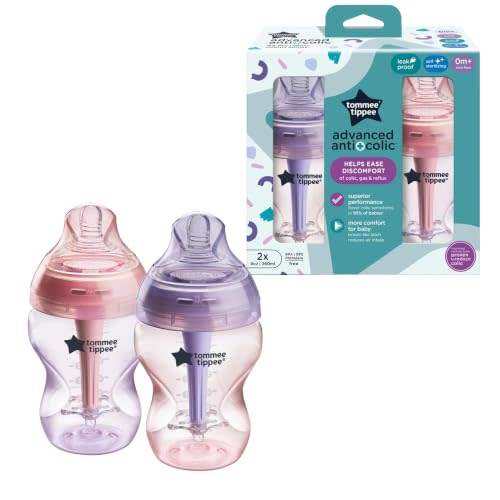 Tommee Tippee Advanced Anti-Colic Baby Bottles, Newborn 0m+, 9oz | Pack of 2, Slow Flow Breast-Like Nipple, Unique Design Keeps Air Away from Milk, Pink & Purple, BPA Free