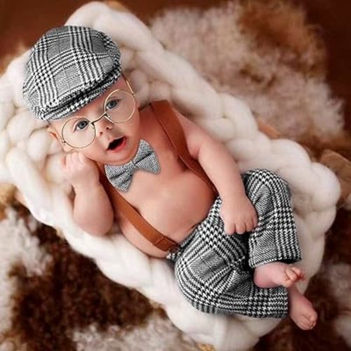 SPOKKI 4 Pcs Newborn Baby Photo Props, Lattice Rompers Suspender Pants with Beret Glasses Bow Tie for Infant Boys' Costumes, Newborn Boy Photography Outfit Set (Grey)