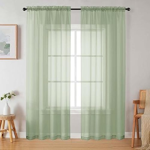 Light Green Sheer Curtains 63 Inch Length 2 Panels Set for Living Room Bedroom, Airy Soft Light Filtering Sheer Dining Room Curtains, Modern Rod Pocket Drapes, Light Green, Each 42" Wx63 L