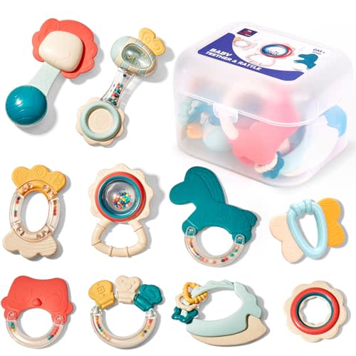 hahaland Baby Toys 0-6 Months - Baby Rattles Teething Toys 3-6 Months, Newborn Infant Toys 6-12 Months, Teether Grasping Shaker Toy Baby Gifts 6 5 4 3 Month Old Must Haves Montessori Rattle for Babies