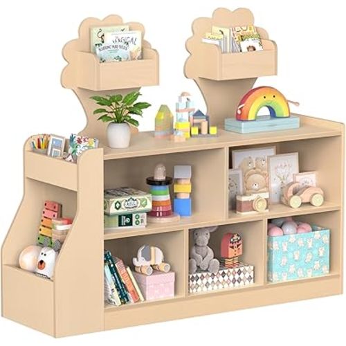 Acenova Montessori Toy Storage Shelf, Wooden Montessori Bookshelf and Toy Storage with 10 Compartments, Tree-Shaped and Side Bin, Book Shelf for Nursery, Playroom, Classroom