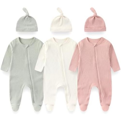 Unisex Newborn Baby Long Sleeve Romper 3-Pack with Matching Hats Solid Color Outfits