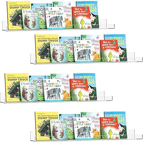 HBlife 24 Inches Invisible Wall Floating Bookshelf for Kids and Nursery, 16 Inch Stud Spacing Clear Acrylic Shelves for Figures, 4 Pack (5MM Thick)