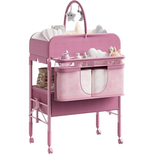 Adjustable Height Baby Changing Table with Wheels, Collapsible Diaper Station with 2 Drawers & Storage, Mobile Nursery Organizer with Waterproof Top for Newborns (Pink)