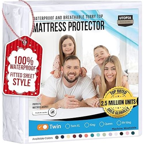 Utopia Bedding Waterproof Mattress Protector Twin Size, Premium 200 GSM Terry Mattress Cover, Soft & Breathable Bed Cover, Fitted Sheet Style with Stretchable Deep Pockets 15" (White)