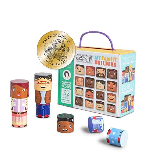 32-Piece Magnetic Wooden Figures, Adults and Kids | Multicultural family set, adult and child pieces in four skin tones, toddler diversity toys for preschool and child care