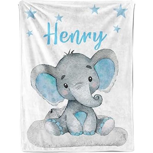 Ship Next Day, Personalized Baby Blanket for Boys Girls, Custom Elephant Blanket with Name, Newborn Receiving Blankets for Swaddle Toddler, Baby Shower Birthday Kids Blankets Unisex