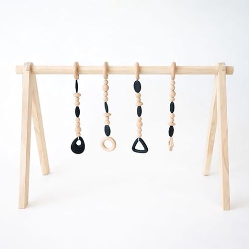 Poppyseed Play Wooden Baby Play Gym, Montessori Activity Center for Infants | Natural Wood Frame with 4 Hanging Toys | Baby Gym for Floor Play | Tummy Time & Early Development | 0–12 Months