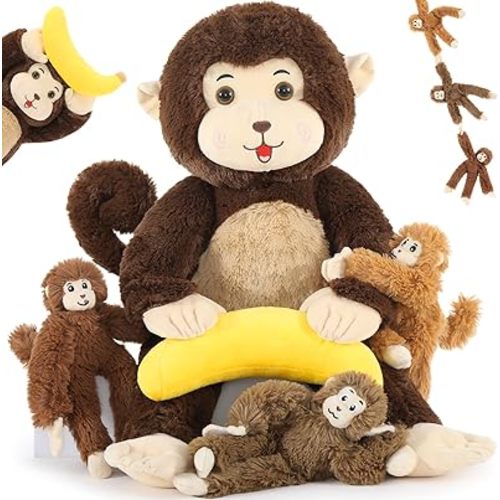 MaoGoLan Giant Monkey Stuffed Animal with Babies, Soft Stuffed Monkey Plush Toy with Banana Gift for Kid Girl Boy, Mom & 3 Small Hanging Babies Plush Set for Birthday Baby Show Christmas Decor