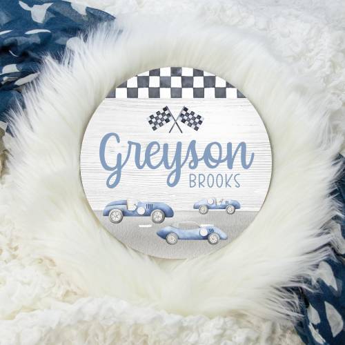 Race Car Round Wood Name Sign, Wood Baby Name Sign, Racecar Baby Name Sign, Vintage Race Car Name Sign, Baby Announcement Sign T56