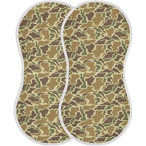 Baby Muslin Burp Cloths Set of 2 Vintage Camo Green Muslin Washcloths Camouflage Retro Brown Army Milk Spit Up Rags Soft Newborn Towel Burp Cloth Bib for Unisex Boys and Girls, 22 x 11 Inch