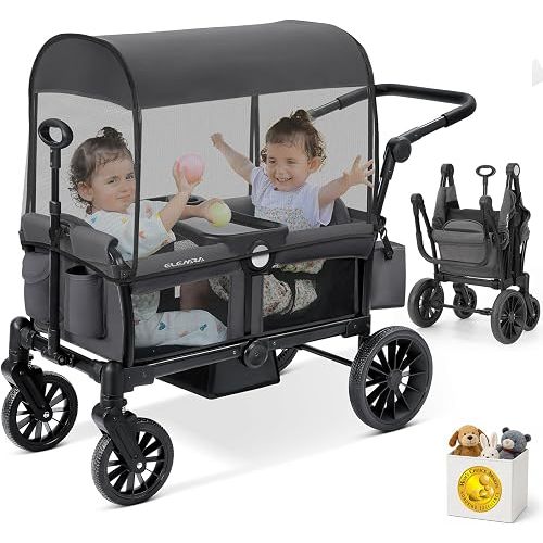 ELEMARA Foldable Wagon Stroller, Stroller Wagon for 2 Kids, Premium All Terrain Wagon for Kids with Removable Canopy, Adjustable Push/Pull Handle, Harnesses, Large Storage Bag, Grey