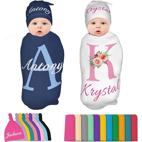 Slocenk Personalized Baby Swaddle Blanket & Hat Set for Boy Girl with Initial Name Custom Newborn Swaddle Customized Baby Items Gifts